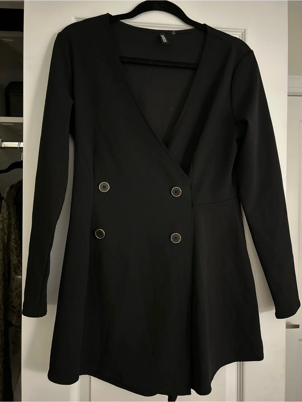 Classic Black Double-Breasted Long Sleeve Romper Dress